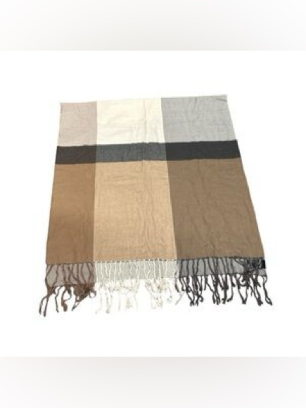 H&M Neutral Plaid Fringe Scarf Shawl Wrap One Size